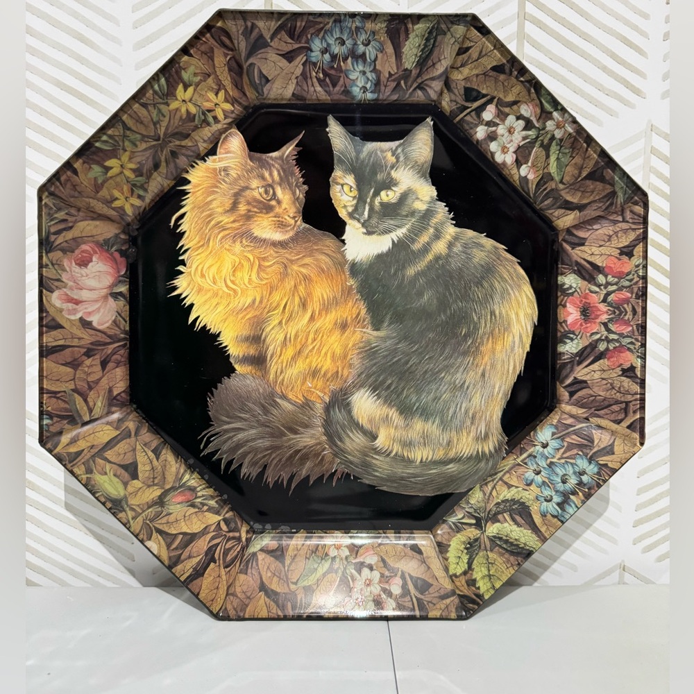 VTG Floral Kitty Cat Collectible Decorative Octagonal Plate‎ Boho Cat Lady Decor
